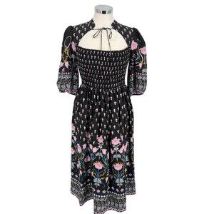 Anthropologie Dasha Smocked Floral Boho Midi Dress Black Size Small NWT
